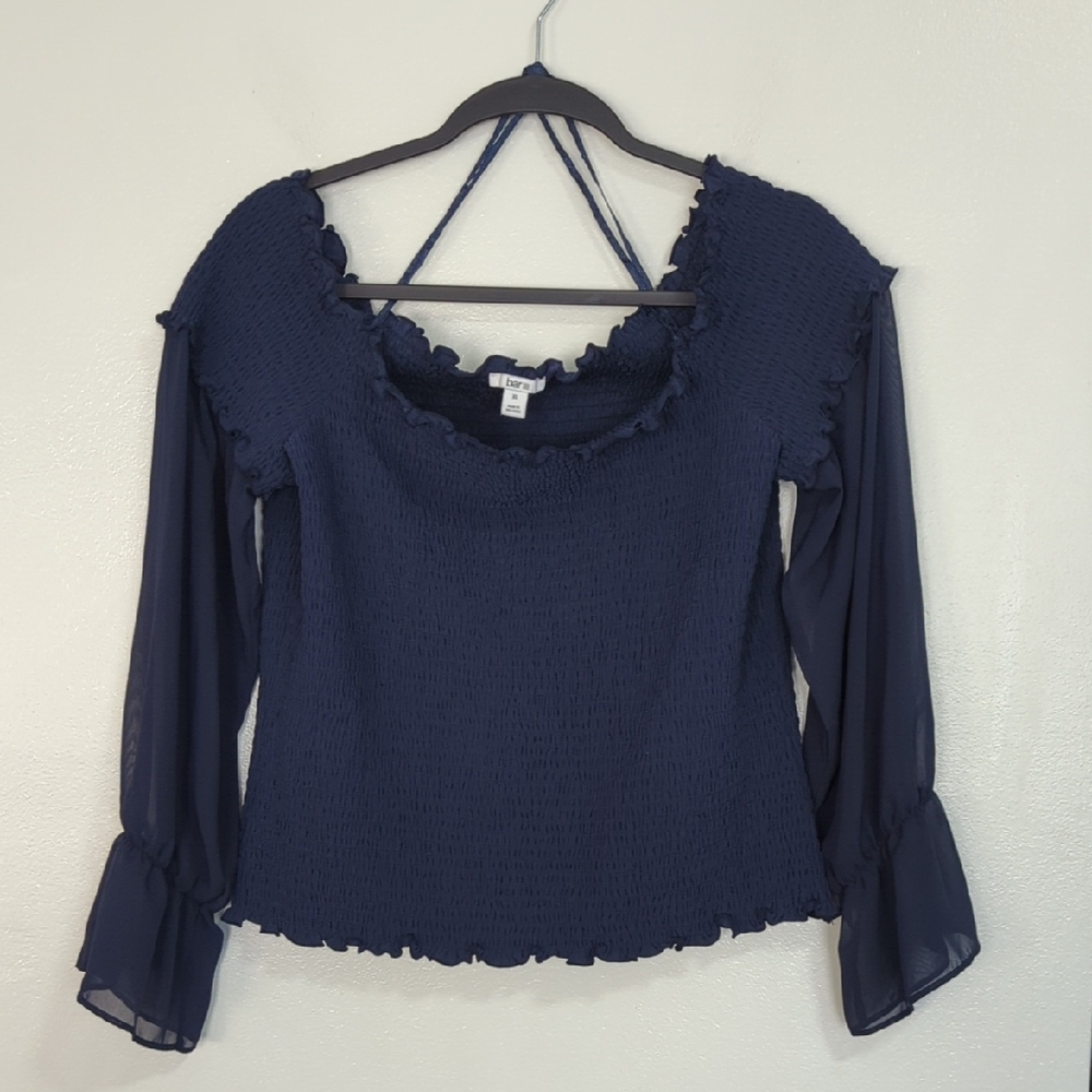 Bar‎ III Navy Blue Smocked Off Shoulder Sheer Ruffle Sleeve Top Size XL